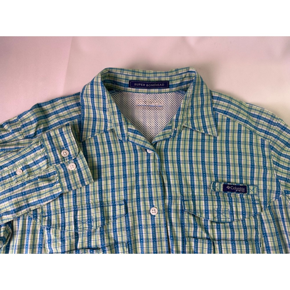 Columbia PFG Super Bonehead Fishing Shirt Large Blue Green Plaid Vented Roll Tab